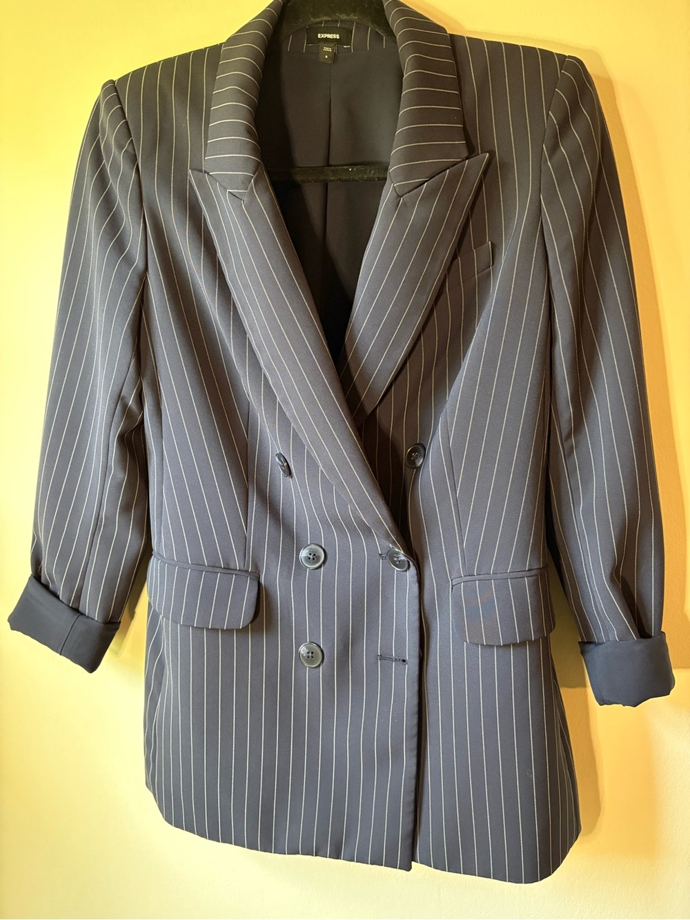 Express Women's Navy Pinstripe Double-Breasted Suit Jacket